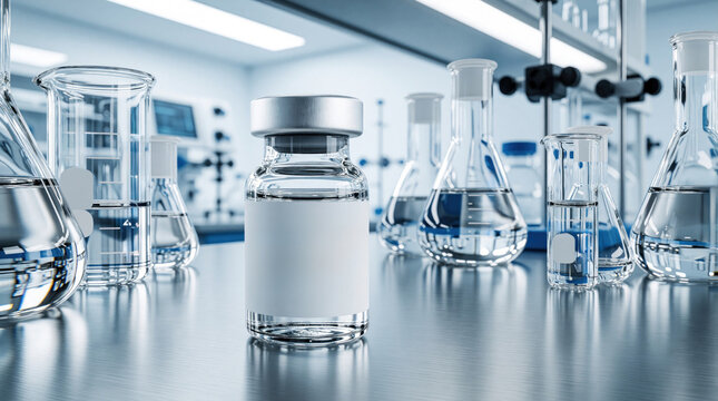 Close up of medical vial with gadolinium contrast agent in lab. Clear liquid inside glass bottle for MRI scan. Various scientific glassware like beakers, flasks stand on metal table in modern
