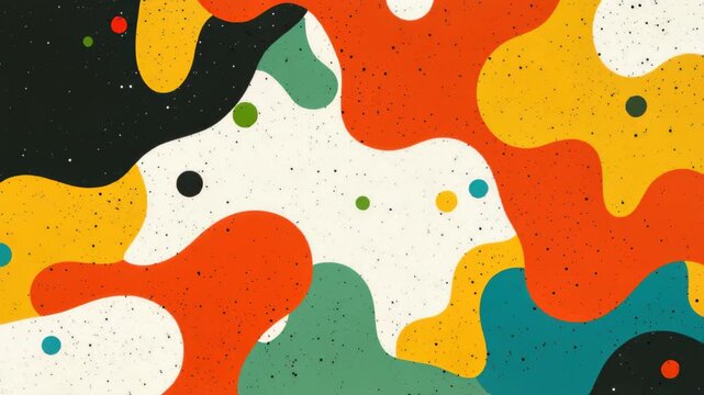 Vibrant Abstract Flow: A lively composition of organic, flowing shapes in a rich palette of orange, yellow, teal, and black, punctuated by small dots, creates a dynamic and modern graphic backdrop.