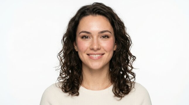 Young brunette with loose curls in a frontal beauty headshot, white background, natural glossy lips, softly flushed cheeks, realistic skin texture, high-key lighting and clean premium cosmetics