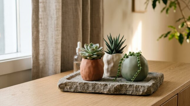 Three tiny houseplants and succulents in sculptural terracotta, ivory and sage vases on a rough stone tray, warm minimalist still life, soft sunlight, earthy muted palette, tactile ceramics, Japandi