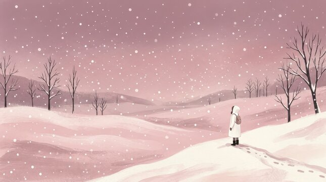 Solitary white-clad figure standing in a dreamy pink snowy landscape beneath floating white dots, minimalist editorial illustration, muted rose sky, sparse trees, winter solitude and atmospheric