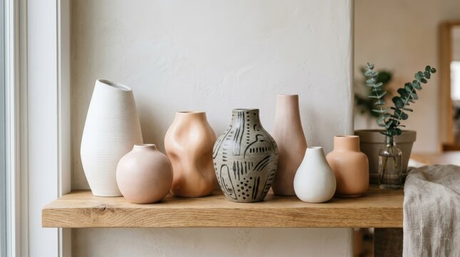 Arrangement of sculptural ceramic vases in white, blush, peach and patterned gray finishes, premium interior still-life photography, soft neutral backdrop, gentle studio light, modern home decor and