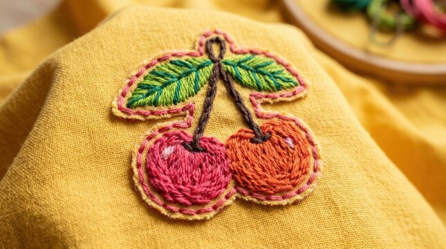 Embroidered cherry patch in pink red orange and green on a sunny yellow background, playful textile illustration, fuzzy thread texture, hand-crafted edges, bright cheerful palette, fashion accessory