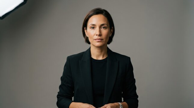 Serious female portrait in black clothing against a neutral gray studio backdrop, centered composition, controlled soft light, realistic skin texture, minimalist beauty photography, confident
