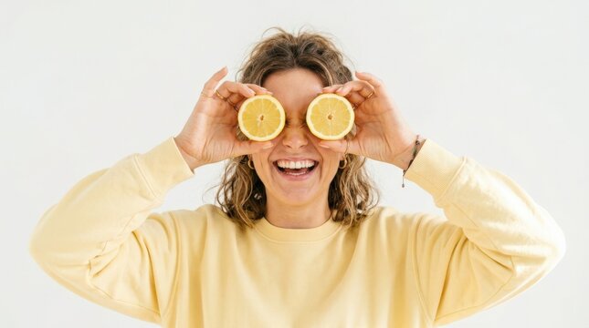 Playful person in a pale yellow sweatshirt holding two lemon halves over their eyes, humorous lifestyle portrait, bright white background, sunny yellow palette, wellness, creativity and fresh food