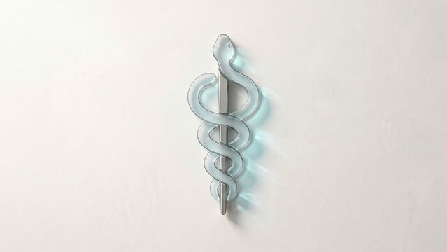 AI Generated Frosted Glass Rod of Asclepius Medical Emblem on a Clean Warm Limewash Wall with Soft Minimalist Architectural Lighting