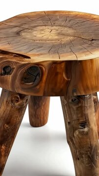 Rustic Wooden Stool: A handcrafted stool made from natural wood, featuring a distinctive grain pattern on the top and sturdy, irregular legs, showcasing a raw and earthy aesthetic.