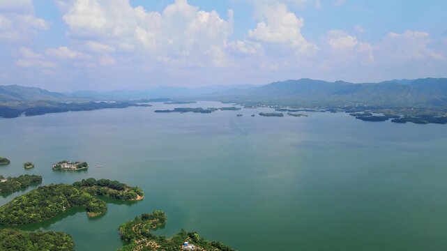 Aerial View of Thousand Island Lake with Green Islands and Mountains in Zhejiang, China in Thousand Island Lake, Zhejiang, China