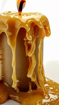 Melting Caramel Candle: A rich, amber-colored candle melts slowly, its smooth caramel-like wax dripping elegantly to form a glistening pool. The flame flickers gently, casting a warm, inviting glow.