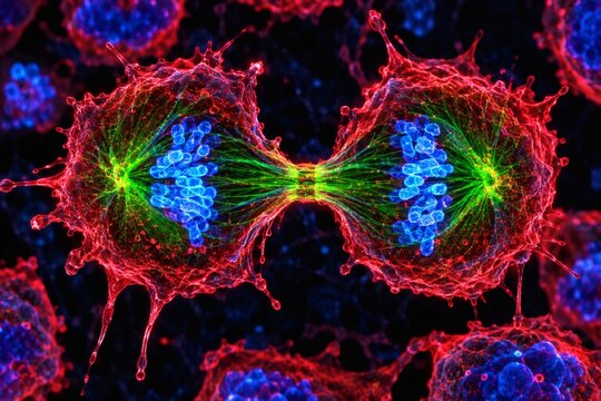 Fluorescent microscopy 3D illustration of cancer cell division by mitosis showing chromosomes and spindle fibers