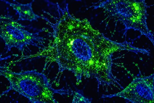 Fluorescent microscopy view of a single cancer cell with green organelles and blue nucleus