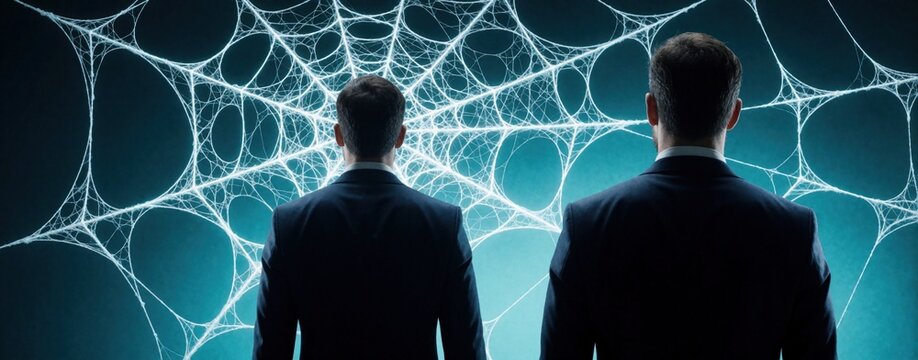 Two businessmen in suits stand before giant glowing spider web. Metaphor for financial scam, Ponzi scheme entrapment. Concept of fraud, investment risk, economic crisis. Men face dangerous network of