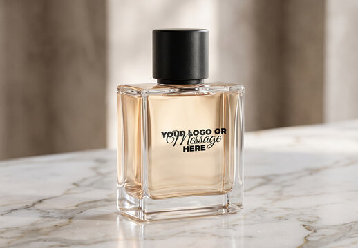 Glass Fragrance Bottle Logo Mockup on Marble Surface