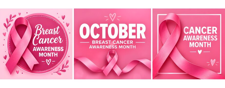 Set of posters with for breast cancer awareness month in october. Realistic pink ribbon symbol. Vector illustration.