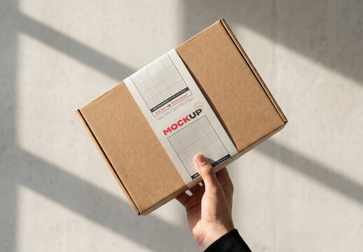Hand Holding Cardboard Box Closing Paper Mockup