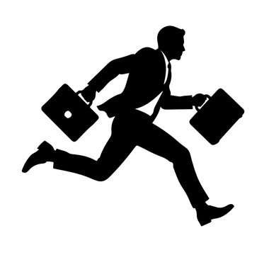 Silhouette of a businessman running with a briefcase, rushing to work. concept of deadline, competition and business success. side view black vector illustration