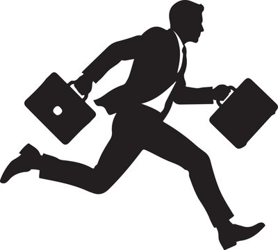 Silhouette of a businessman running with a briefcase, rushing to work. concept of deadline, competition and business success. side view black vector illustration
