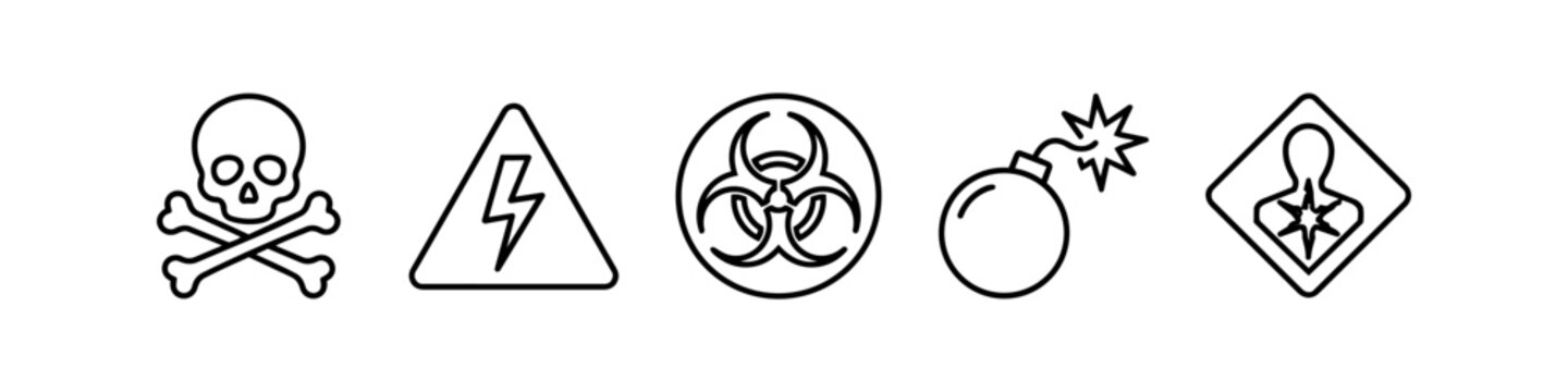 Hazard warning line icon set featuring skull crossbones, high voltage triangle, biohazard, explosive bomb, and health hazard safety symbols.