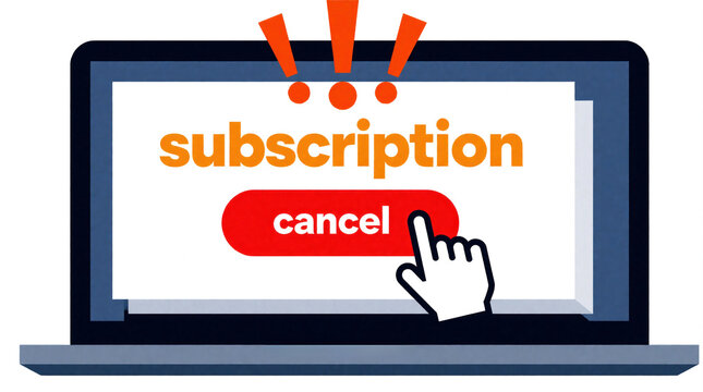 Close up of laptop screen showing subscription cancel button. User hand cursor clicks red button to terminate membership. Online service cancellation concept for web app digital media plan. Stop