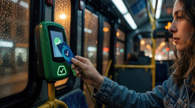 Young woman taps smart transit card on electronic reader inside city bus. Female passenger validates digital ticket for public transport payment during rainy night. Modern contactless fare system