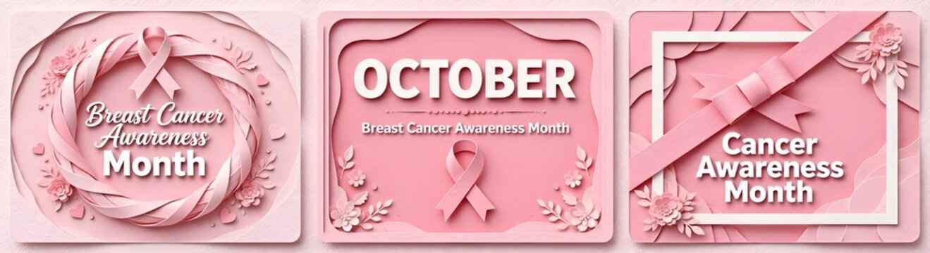 Set of posters with for breast cancer awareness month in october. Realistic pink ribbon symbol. Vector illustration.