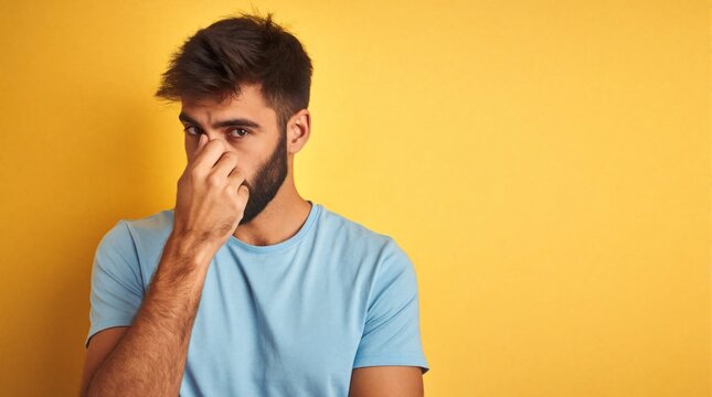 Young bearded caucasian man pinches nose in disgust. Guy makes funny face with bad smell reaction against bright yellow background. Disappointed male expresses negative emotion, stinky odor,