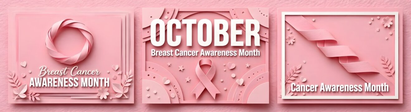 Set of posters with for breast cancer awareness month in october. Realistic pink ribbon symbol. Vector illustration.