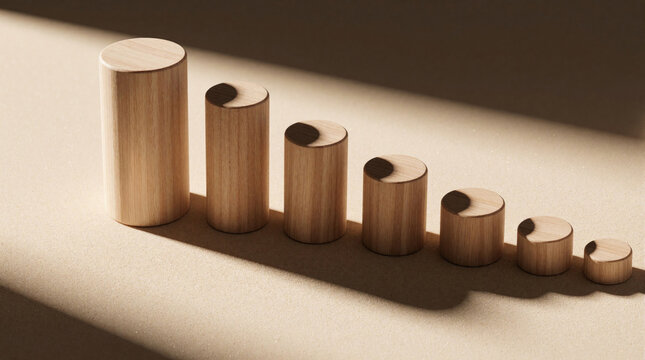 Seven wooden cylinders of different heights stand in descending order on beige surface. Minimalist geometric objects create step shape like bar chart. Natural wood texture with soft sunlight shadows