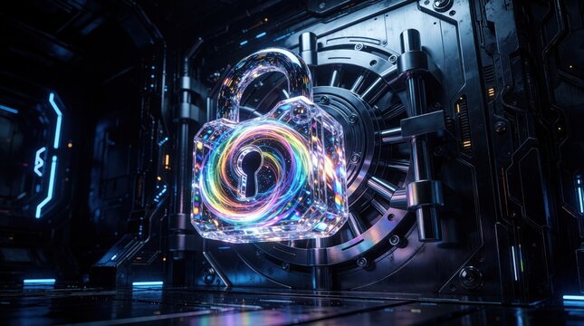 Quantum encrypted padlock glows with rainbow light on futuristic metallic vault door. Digital security lock protects data in dark cyberpunk environment. High tech cyber safety concept with neon