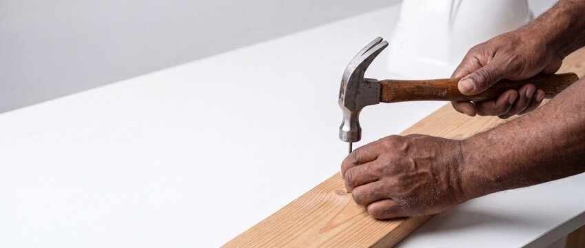 Person using a hammer to drive a nail into a wooden board on a table