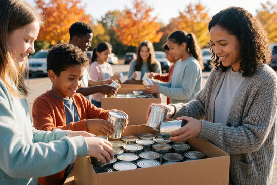 Diverse group of happy kids, teenagers volunteer at community food drive. Young people pack canned food into cardboard boxes for charity. Group of multicultural children help donate supplies to fight