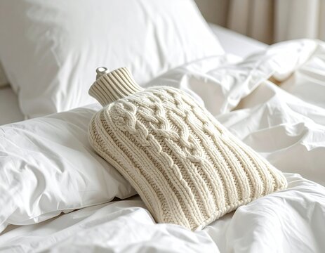 Cozy knit hot water bottle with brown stopper resting on pristine white bedding.