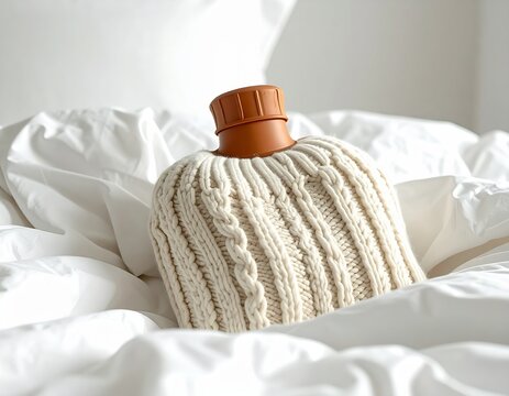 Cream cable-knit hot water bottle with a brown stopper nestled in soft white bed linens.