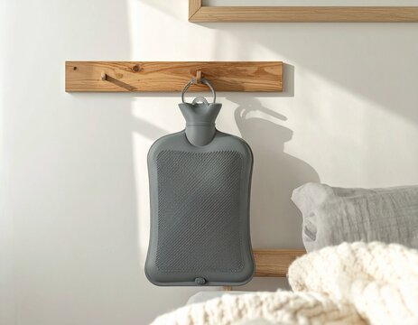 Grey rubber hot water bottle hanging on a wooden hook rack in a minimalist bedroom interior.