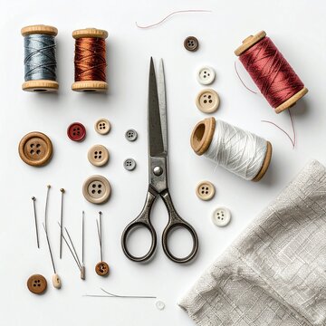 Overhead view of a sewing kit with threads, buttons, and scissors on white.