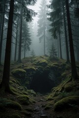 Obraz premium Dark misty forest with tall pine trees, thick fog. Mossy rocks cover cave entrance in deep woodland. Spooky atmosphere in green during autumn morning. Eerie landscape shows mysterious nature scenery