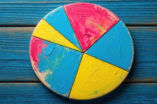 Colorful math fractions on wooden table. Brightly painted wooden circular pie chart shows different parts of whole. Math concept for kids learning geometry, numbers. Educational resource with vibrant