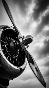 Close up view of vintage airplane propeller, radial engine against cloudy sky. Monochrome shot shows metal aircraft part with mechanical details. Old propeller spins in air. Retro aviation machine