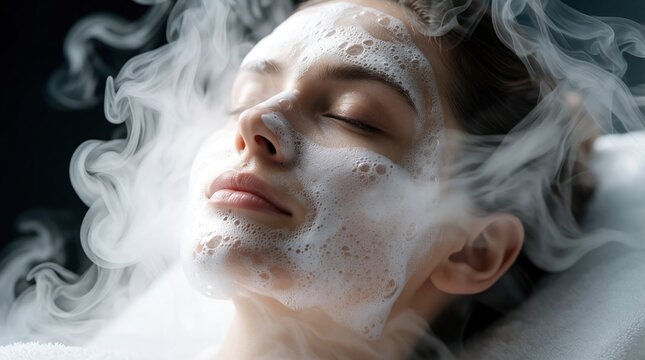 Young woman gets facial steam treatment in spa. White cleansing foam covers face during skincare procedure. Relaxed female client enjoys deep facial detox, beauty therapy. Professional cosmetology