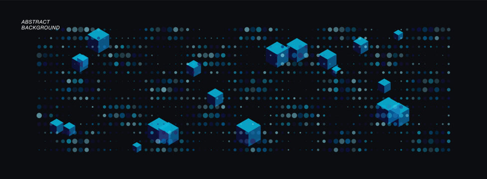 Abstract vector graphic banner featuring blue isometric cubes floating across dark digital dot matrix background illustration