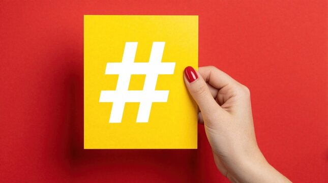 Female hand with red nail polish holds yellow paper card with white hashtag symbol. Person shows social media tag against bright red background. Concept for digital marketing, trending topic, online