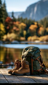a pair of brown hiking boots and a green backpack placed on a wooden surface. The boots have laces and appear to be made of leather. The backpack has multiple compartments and adjustable straps.