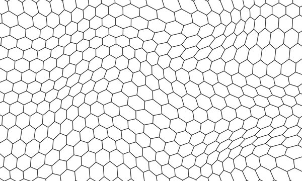 Hexagon grid pattern featuring warped honeycomb shapes, irregular geometric lines, distorted cellular forms, curved segments, and repeating structures for abstract backgrounds and geometric design.