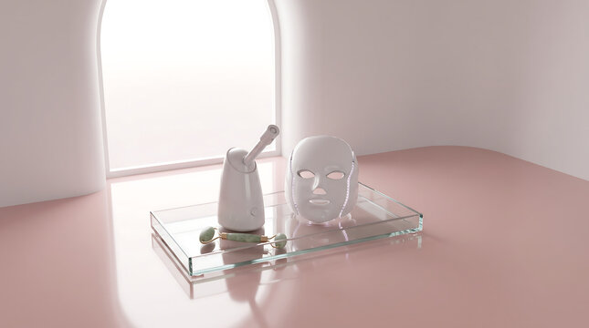 Luxury skincare vanity with LED light therapy face mask facial steamer and jade roller on clear glass tray beside glowing arched window on glossy blush pink floor