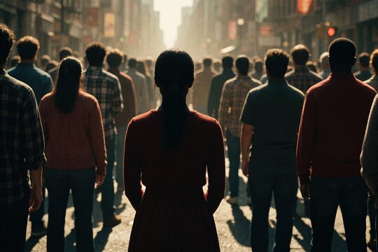 Female silhouette stands alone facing huge crowd of people in city street. Many men, women turn backs to. Concept of cancel culture, social exclusion, loneliness, group boycott in modern society