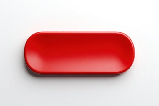 Red empty oval button icon isolated on white background. Glossy plastic 3D element for web design mobile app UI. Blank red rectangle shape serves as template for text symbol. Clickable interface