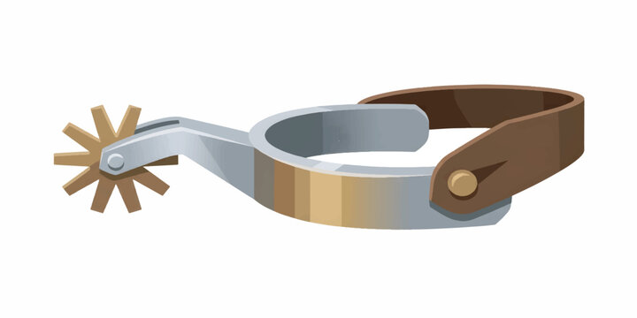 A single western cowboy spur with a brown leather strap isolated