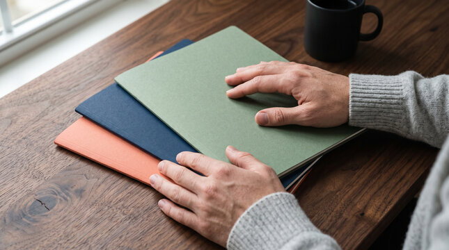 Male hands in grey knit sweater calmly resting on colorful folders on wooden desk by window