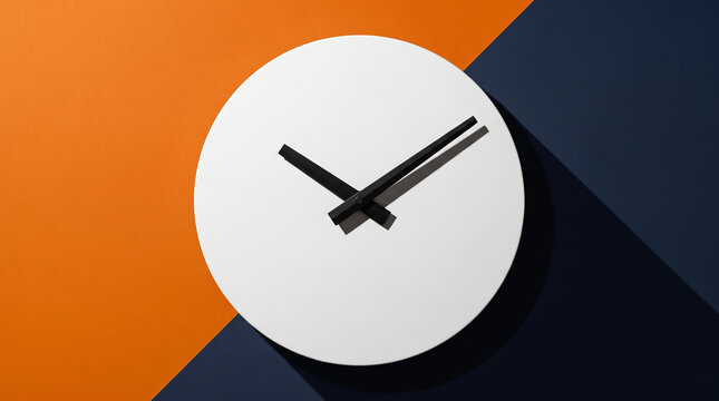 Minimalist modern clock on divided orange and dark blue background for daylight saving time ends with copy space