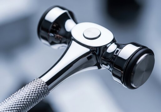 Closeup of a shiny chrome reflex hammer used for neurological examinations and testing reflexes of the patient